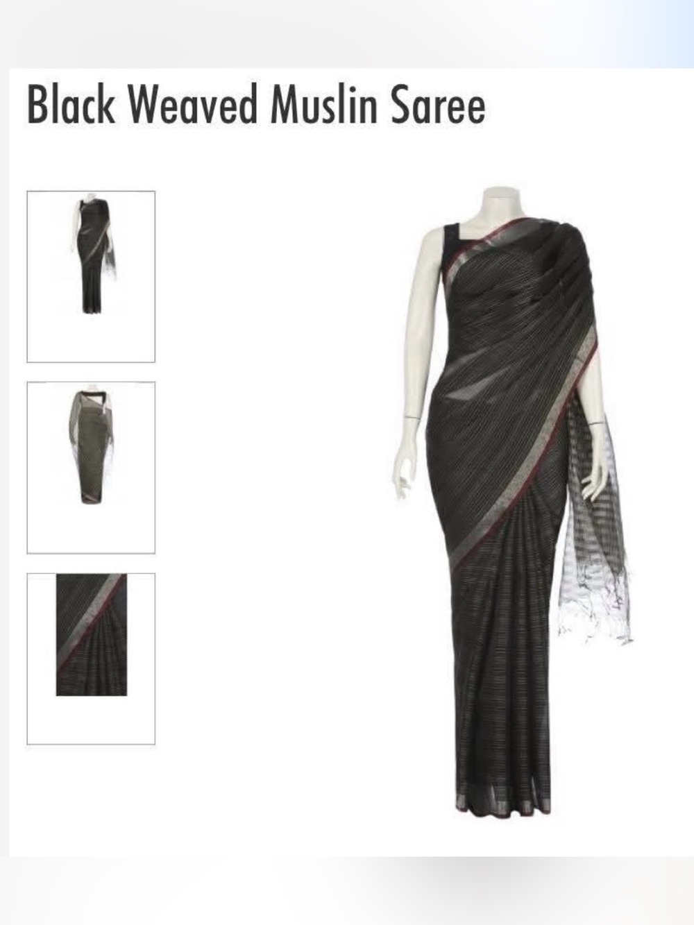 Striped Handloom Muslin Sari in Black and Gold with Blue and Red border